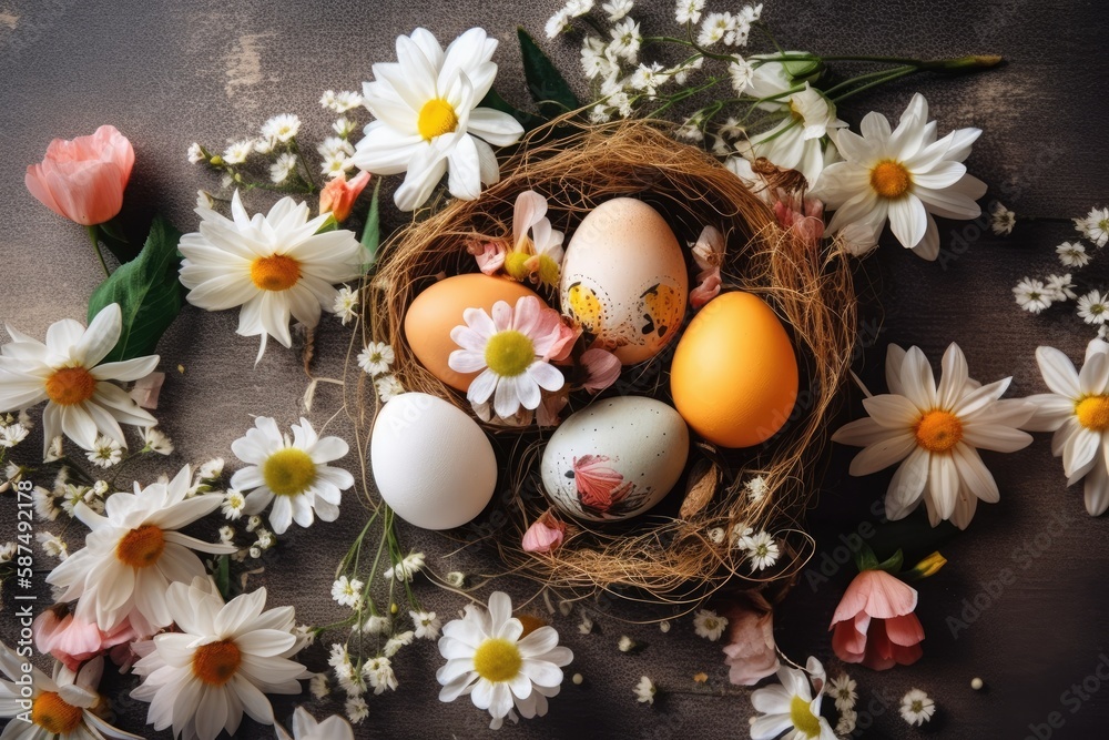 birds nest with colorful eggs surrounded by fresh daisies. Generative AI