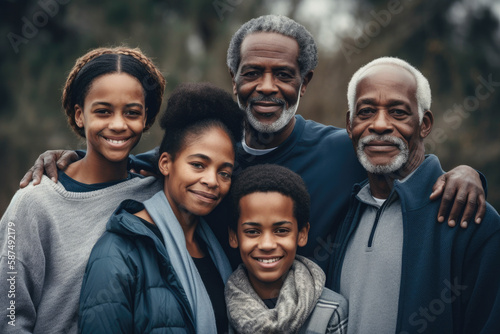 Son and daughter, mom and grandfather and his brother (uncle). Three generations of African American Black family. High quality generative AI © MVProductions