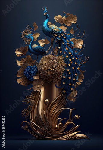 Peacock with luxurious intricate details render abstract background with flowers. Abstract peacock. Generative AI.