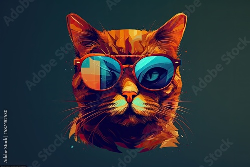 cat wearing sunglasses on a solid color background, vector art, digital art, faceted, minimal, abstract. Generative AI. © andrenascimento
