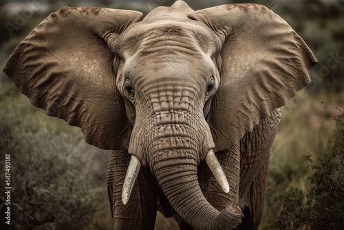 A portrait of an elephant bull walking towards the camera at the Addo Elephant National Park in South Africa's Eastern Cape. Generative AI © AkuAku