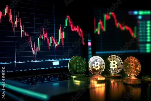 Golden bitcoin coins on a laptop keyboard with candle stick graph chart, cryptocurrency trading concept. Generative AI.