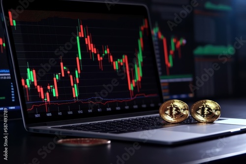 Golden bitcoin coins on a laptop keyboard with candle stick graph chart, cryptocurrency trading concept. Generative AI.