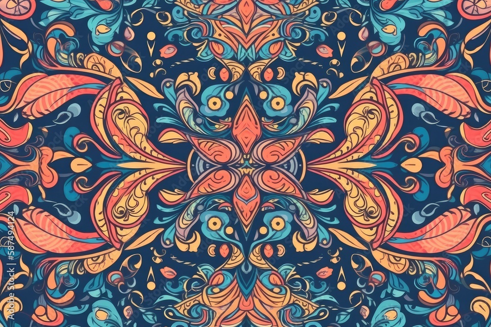 vibrant floral pattern set against a blue backdrop. Generative AI