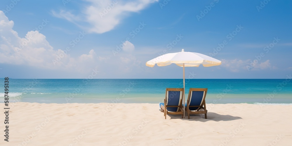 Obraz premium Chairs with umbrella on the beach, vacation concept, image created by AI