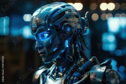 Blue Glass Mechanized Robot Portrait Generative AI