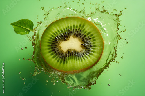 Kiwi in splash water  green pastel background  generative ai.