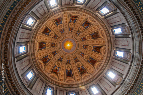 Copenhagen  Denmark - September 13  2010  Looking up from right under onto Frederiks church dome with 12 apostle paintings and light coming in from outside 12 windows