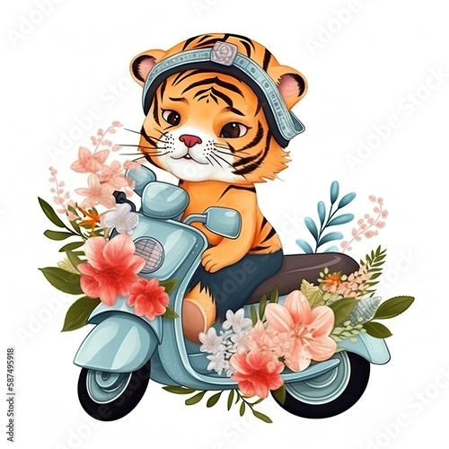 Tiger on motoroller with bunch of flowers, cartoon chibi style, AI generative illustration photo