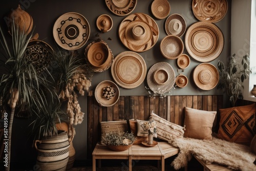 Contemporary house decor. Boho house décor with ornamental straw plates on the wall. Generative AI