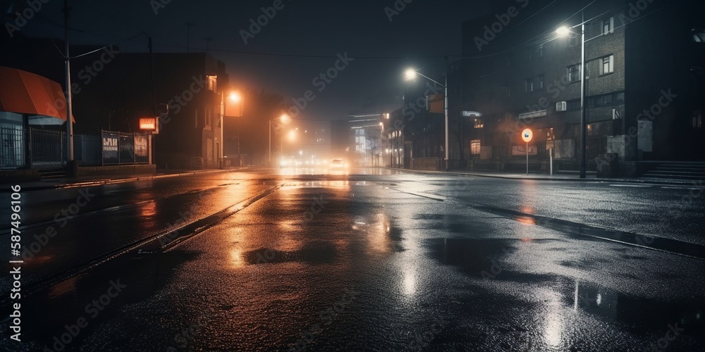 Dark empty street scene with wet asphalt reflecting neon lights, searchlight, and smoke, creating a moody night city atmosphere. generative ai - obrazy, fototapety, plakaty 