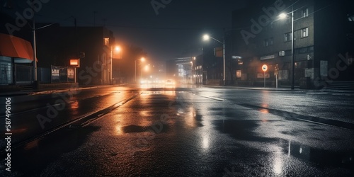 Dark empty street scene with wet asphalt reflecting neon lights, searchlight, and smoke, creating a moody night city atmosphere. 