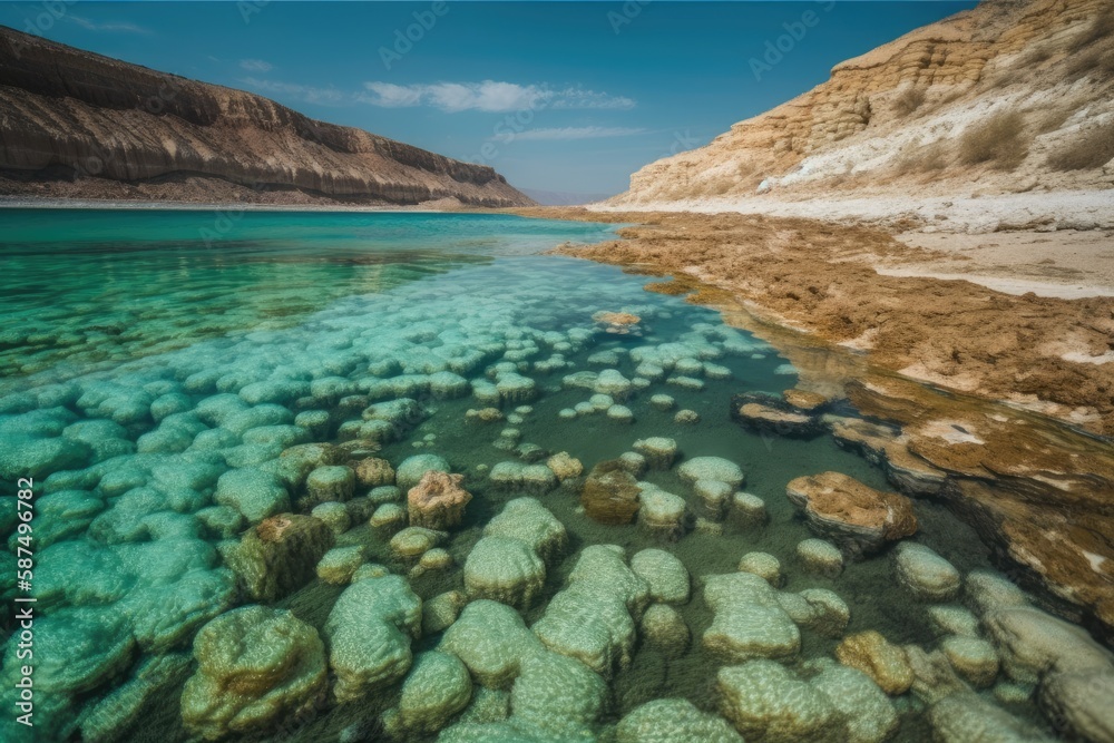 Dead Sea coastline in Israel. typical scenery at Ein Bokek beach in Israel salt mushroom crystal formations, calm, cyan green water nearby, and clear skies. Generative AI