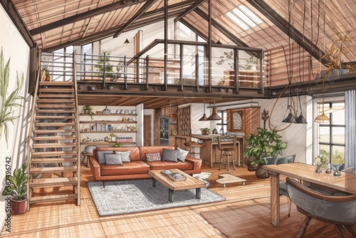 Unfinished blueprint, bohemian mezzanine living and dining room with gabled ceiling. Couch and dining table. planters. Bohemian decor,. Generative AI