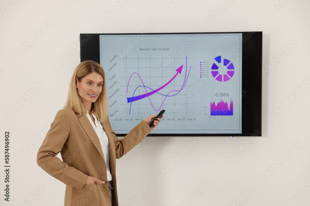 Businesswoman showing chart on tv screen indoors Businesswoman showing chart on tv screen indoors