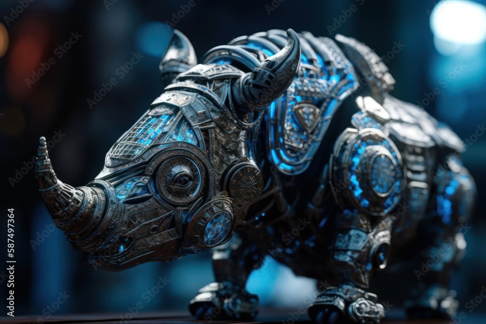 Fototapeta premium Blue Rhino Mechanized Robotic Creature Portrait Generative AI