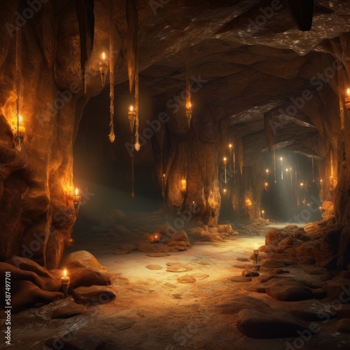 Deserted caves with passages and lights on the walls game art