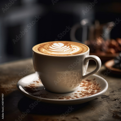 A beautifully crafted latte with perfectly steamed milk  served in a white ceramic mug. The contrast of the creamy milk against the dark coffee is highlighted by the soft  natural lighting.