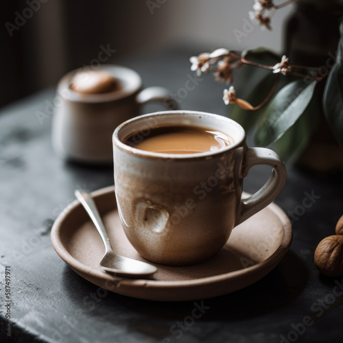 A beautifully styled coffee shot with a rustic, handmade mug in a bright, crisp white. The muted, natural lighting brings out the rich, caramel tones of the coffee