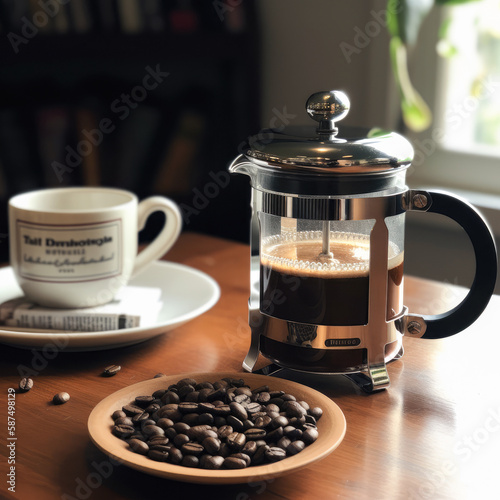 A classic French press coffee, brewed to perfection and served in a clean, white porcelain cup. The bold aroma of freshly ground beans is perfectly illuminated by the soft accent lighting, making this