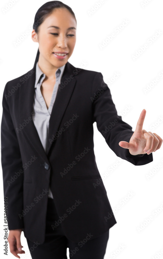 Businesswoman pressing an invisible virtual screen Businesswoman pressing an invisible virtual screen