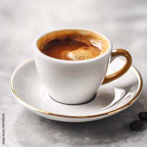 A close-up of a classic espresso shot in a white demitasse cup, with a rich crema on top. The neutral white background lets the rich, golden-brown hues of the espresso shine.