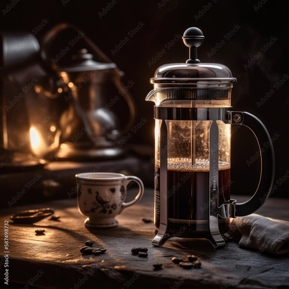 A hearty and satisfying French press coffee, captured in a stunningly cinematic shot that highlights the full-bodied richness and aroma of this classic brewing method, perfectly illuminated by accent 