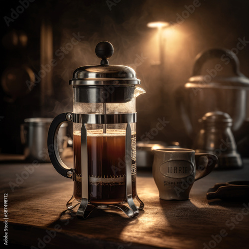 A hearty and satisfying French press coffee, captured in a stunningly cinematic shot that highlights the full-bodied richness and aroma of this classic brewing method, perfectly illuminated by accent 