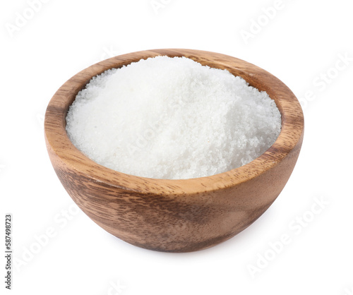 Wooden bowl with natural sea salt on white background
