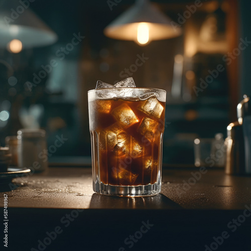 A refreshing iced coffee, captured in a stunningly cinematic shot that highlights its crispness and clarity, perfectly illuminated by accent lighting.