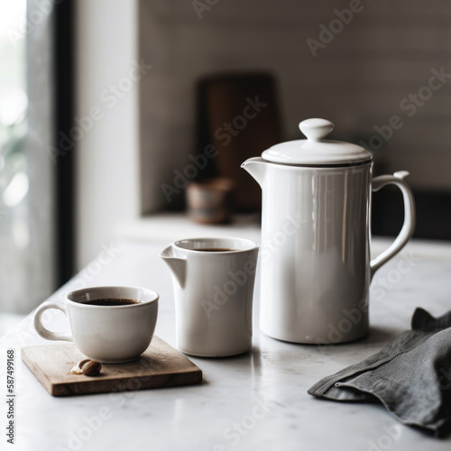 A simple yet elegant coffee set up with a classic French press and white ceramic mug. The clean, white background highlights the deep, rich hues of the coffee