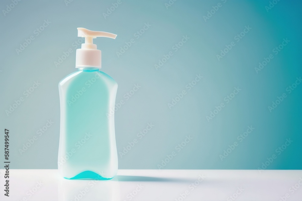 transparent bottle of antibacterial gel on a light blue background, antibacterial gel in a transparent bottle on a light blue background transparent bottle of antibacterial gel on a light blue background, antibacterial gel in a transparent bottle on a light blue background