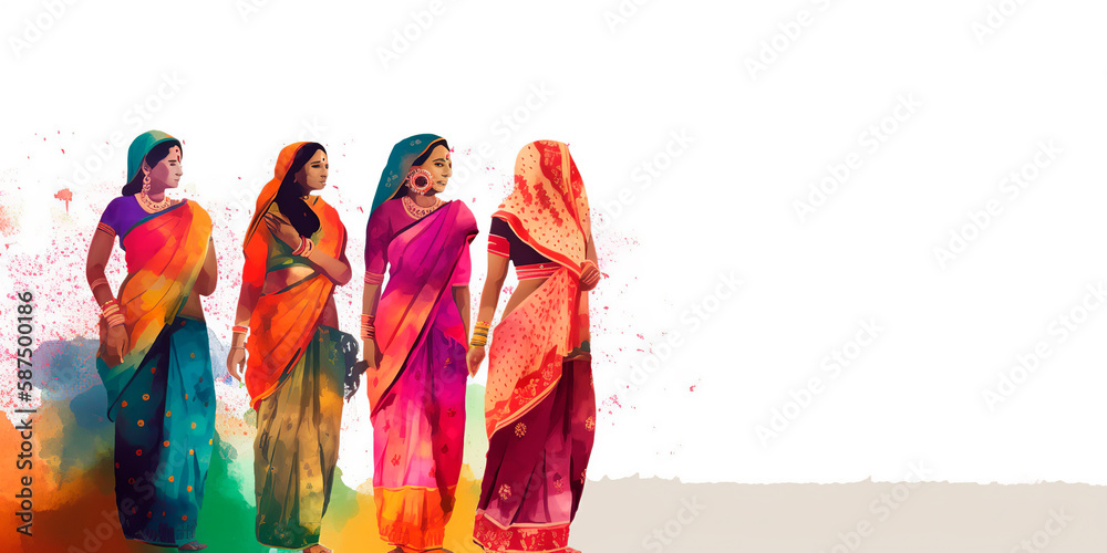 Group of Indian women with different clothing colors, colorful watercolor illustration AI generated