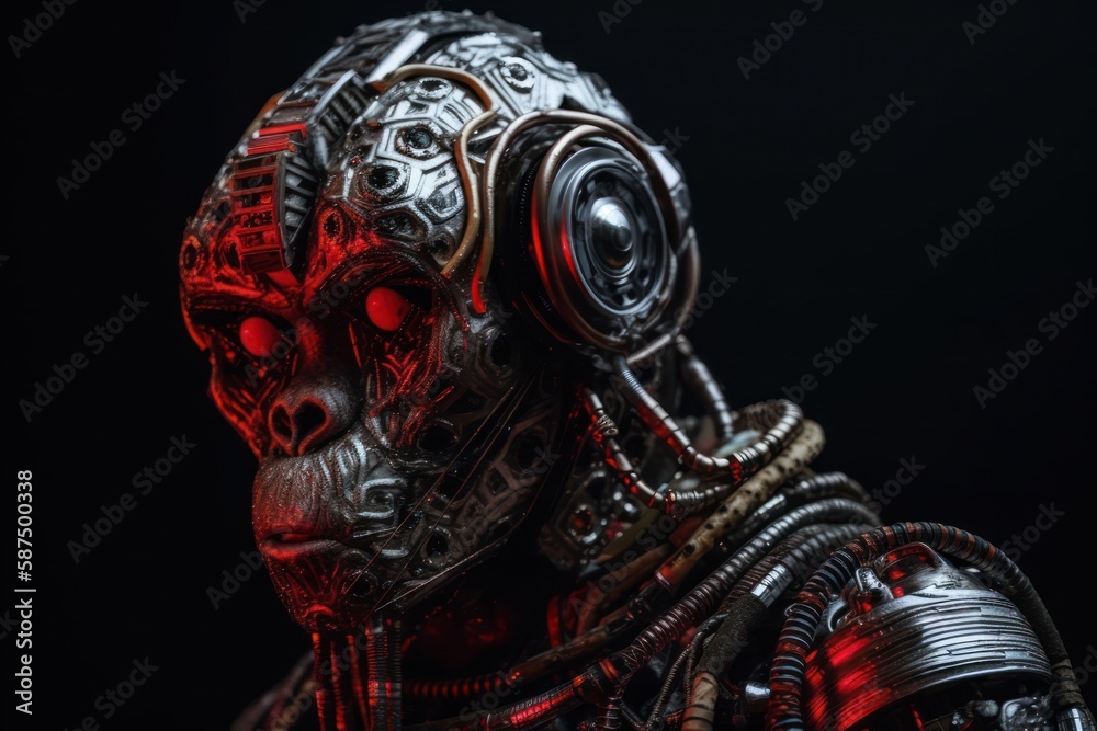 Red Baboon Cyber Robotic Creature With Copyspace Generative AI Red Baboon Cyber Robotic Creature With Copyspace Generative AI