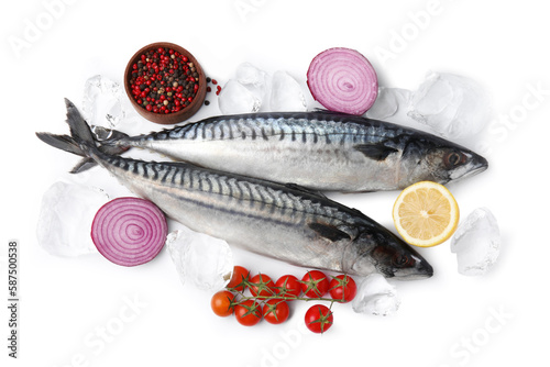 Raw mackerels, peppercorns, lemon, red onion and tomatoes isolated on white, top view