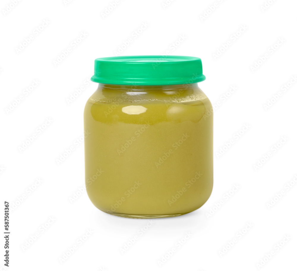 Glass jar with healthy baby food isolated on white Glass jar with healthy baby food isolated on white