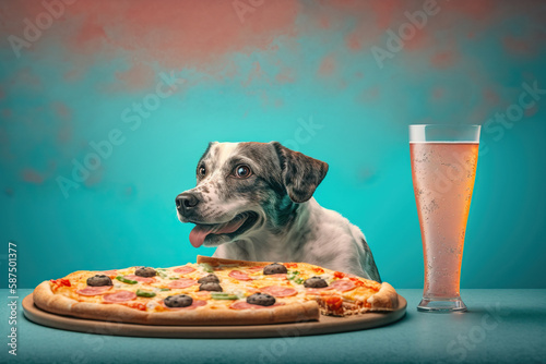 happy dog wa nting to eat pizza, created with Generative AI technology photo