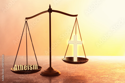 Choice between atheism and religion. Scales with word and cross on textured surface