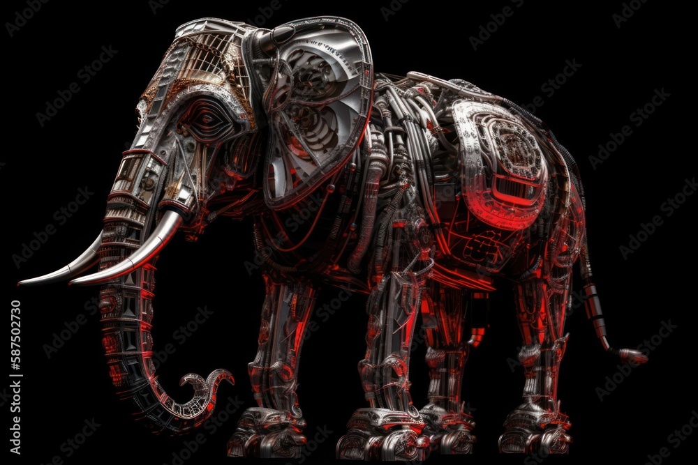 Red Elephant Mechanized Robot On Black Background Generative AI Red Elephant Mechanized Robot On Black Background Generative AI