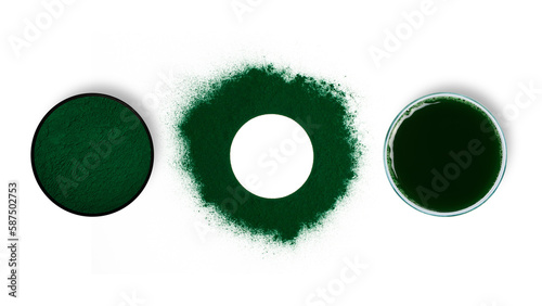 Spirulina powder. Spirulina diluted in water. Spirulina solution in a petri dish. Scattered powder in the form of a circle. Spirulina, superfood, bioadditive. Green. Eco photo