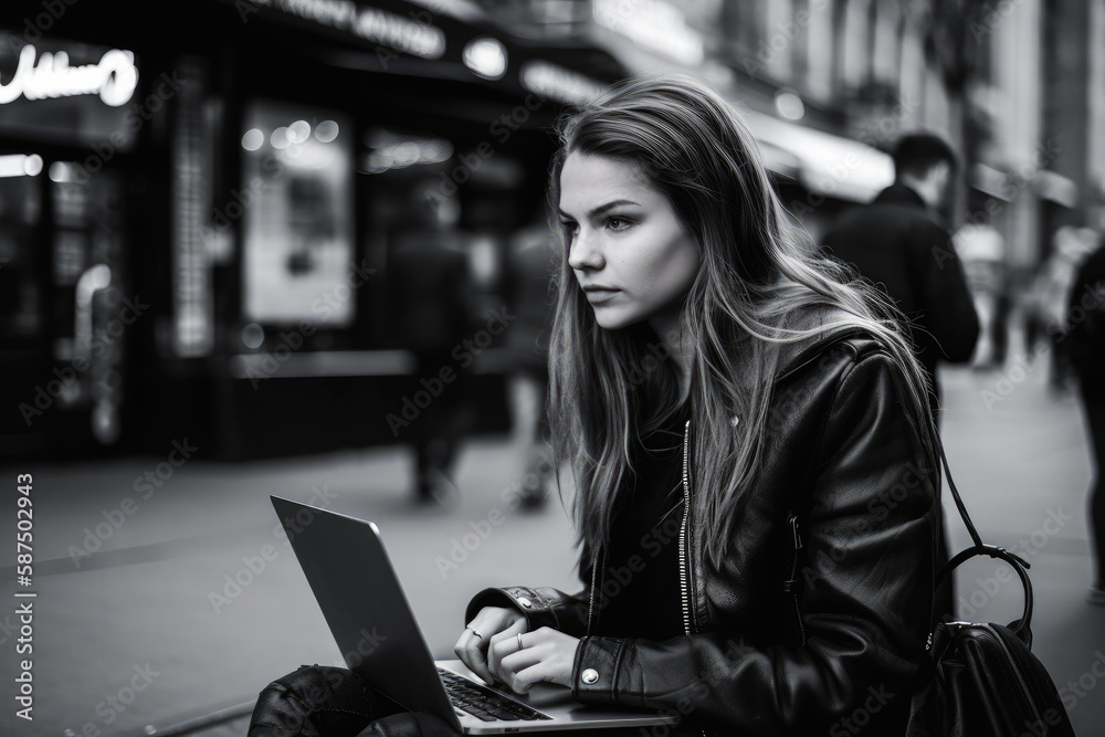 Young woman sitting in New York and doing work on laptop. Student or freelancer lifestyle. High quality generative ai Young woman sitting in New York and doing work on laptop. Student or freelancer lifestyle. High quality generative ai