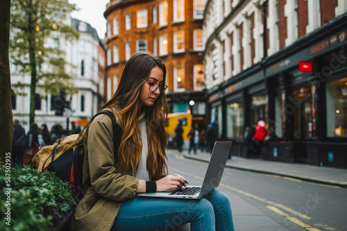 Young woman sitting in London and doing work on laptop. Student or freelancer lifestyle. High quality generative ai