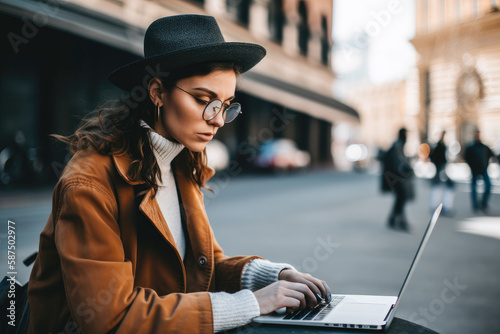 Young woman in brown coat sitting down in New York and doing work on laptop. Student or freelancer lifestyle. High quality generative ai