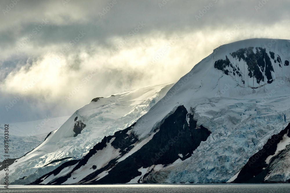 Icy Mountain Peaks and Glaciers of King George Island in Antarctica