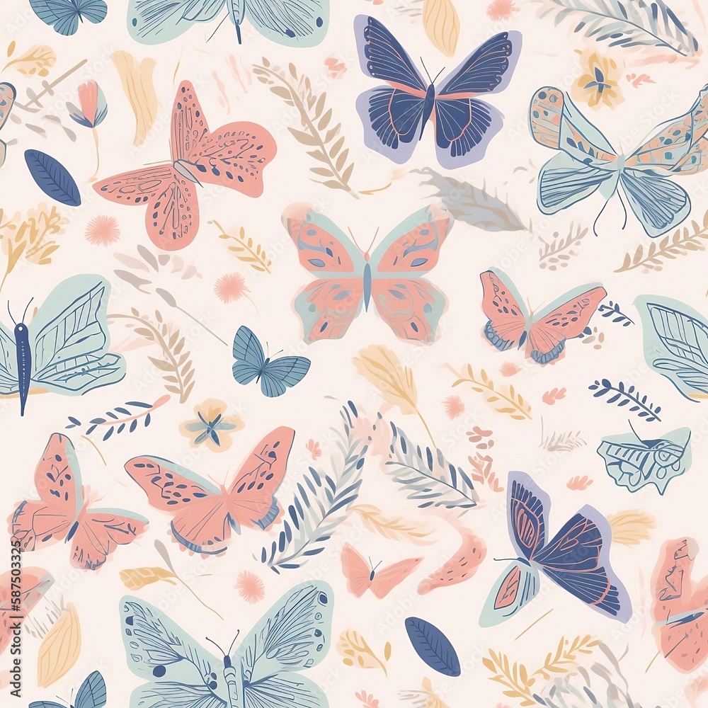 Seamless Pattern fluttering butterflies. Generative art