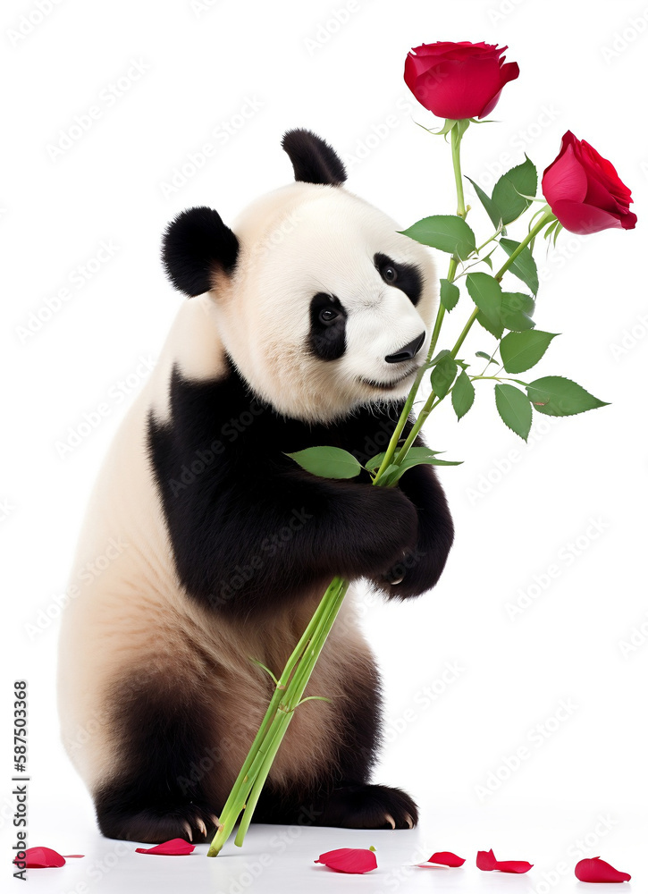 A cute black and white panda holding flowers, mothers day card.