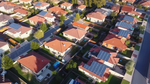 drone view of residential houses with photovoltaic solar. Created with generative AI.