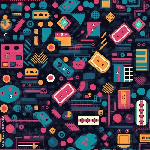Seamless 80s Retro Pattern with Video Game Theme