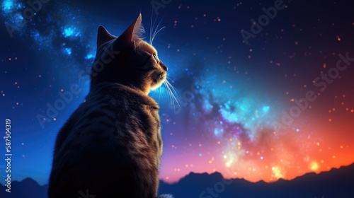 cat looking at night starry sky with glitter glow galaxy. Created with generative AI.