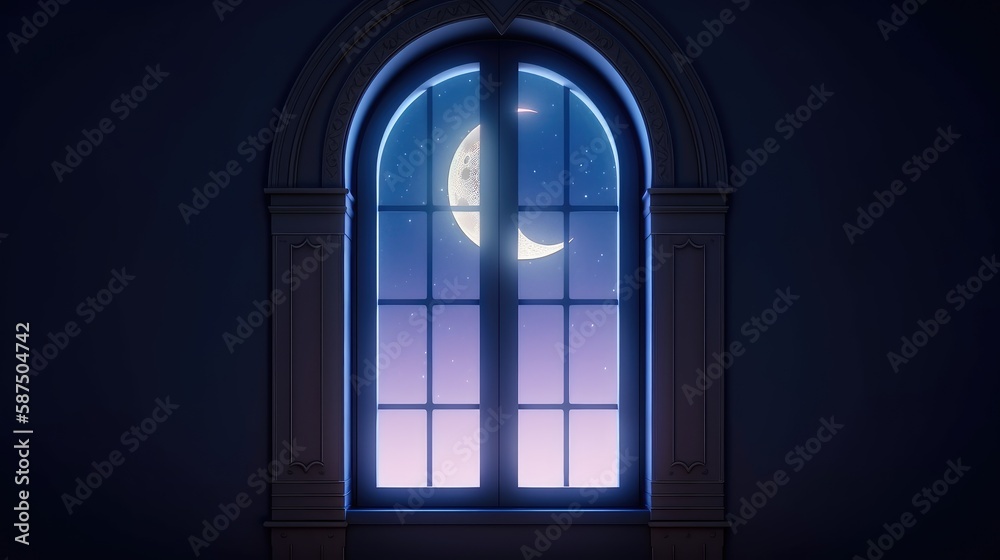 Fototapeta premium Mystical window with crescent moon in night sky. Created with generative AI.